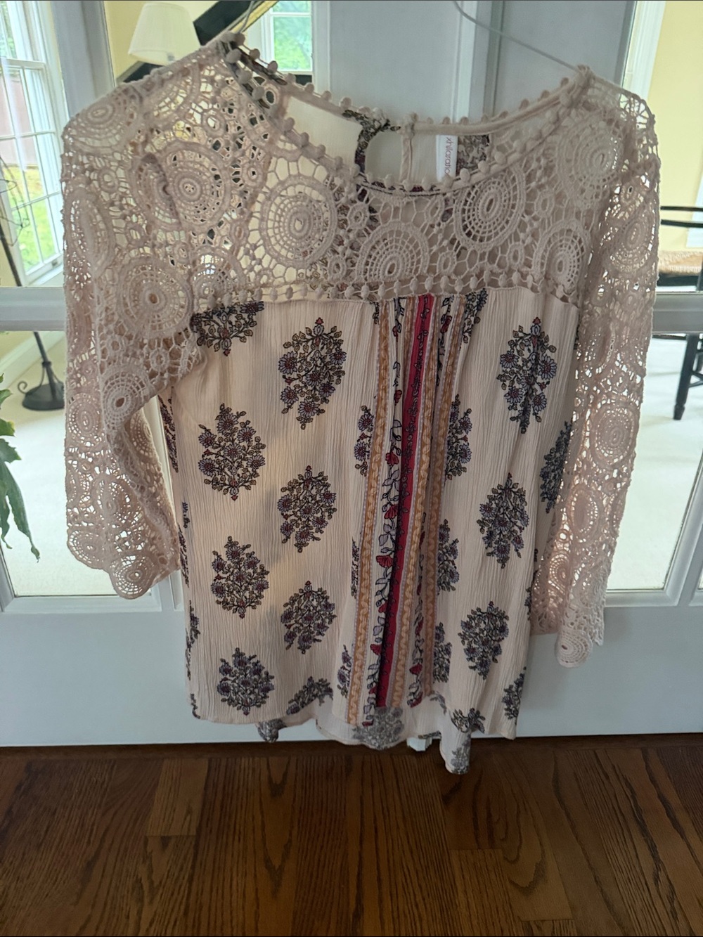 Xhilaration Cream Crochet-Yoke Tunic with Multicolor Stripe Detail